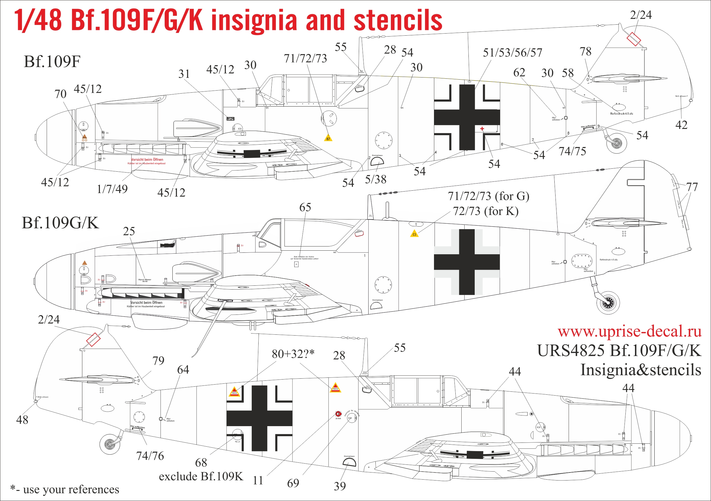 URS4825L  декали  Bf.109F/G/K insignia & stencils  (1:48)