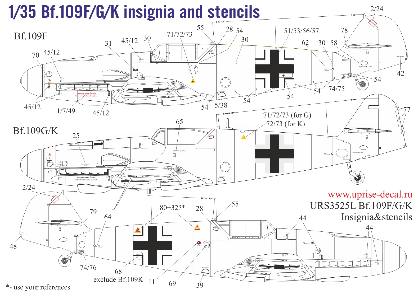 URS3525L  декали  Bf.109F/G/K insignia & stencils for Border kit  (1:35)