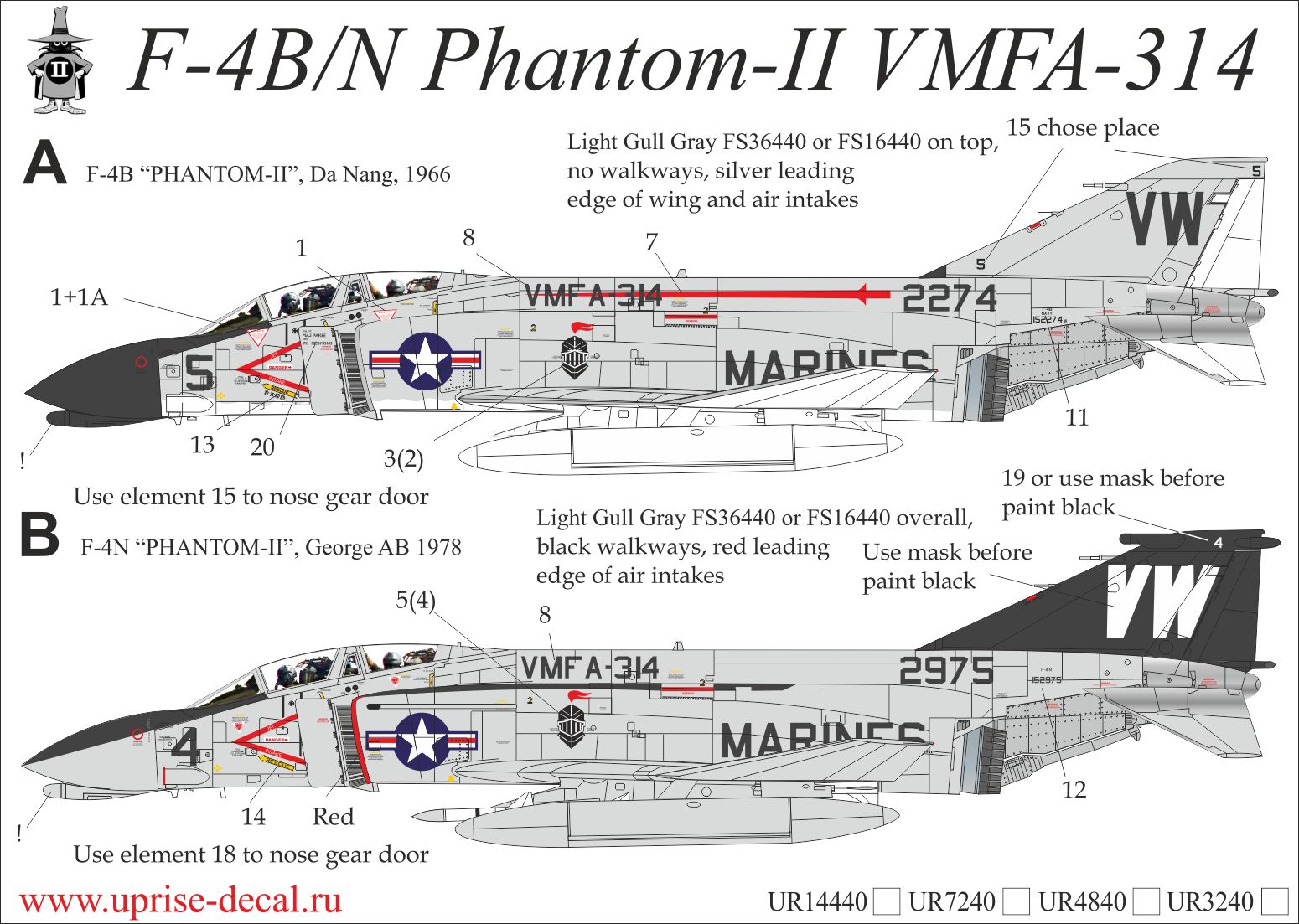 UR3240  декали  F-4B/N Phantom-II VMFA-314, no stencils& insignia  (1:32)