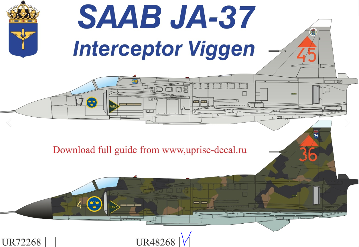 UR48268  декали  JA37 Interceptor Viggen  (1:48)