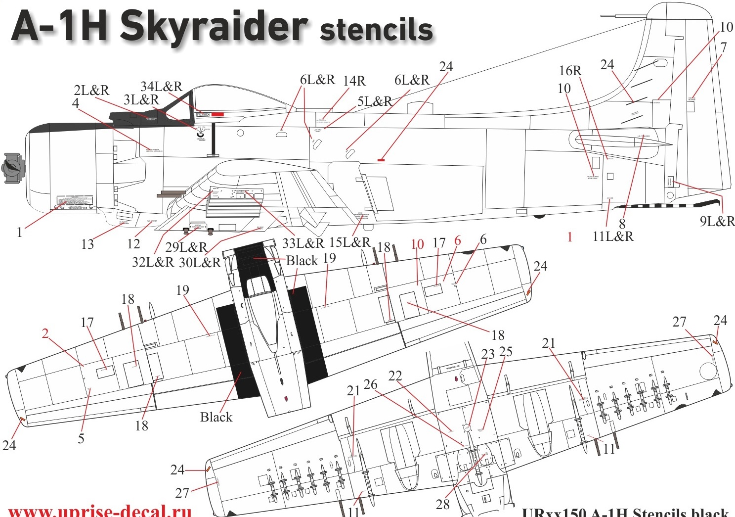 UR48150 декали A-1H Skyraider stencils (black)  (1:48)