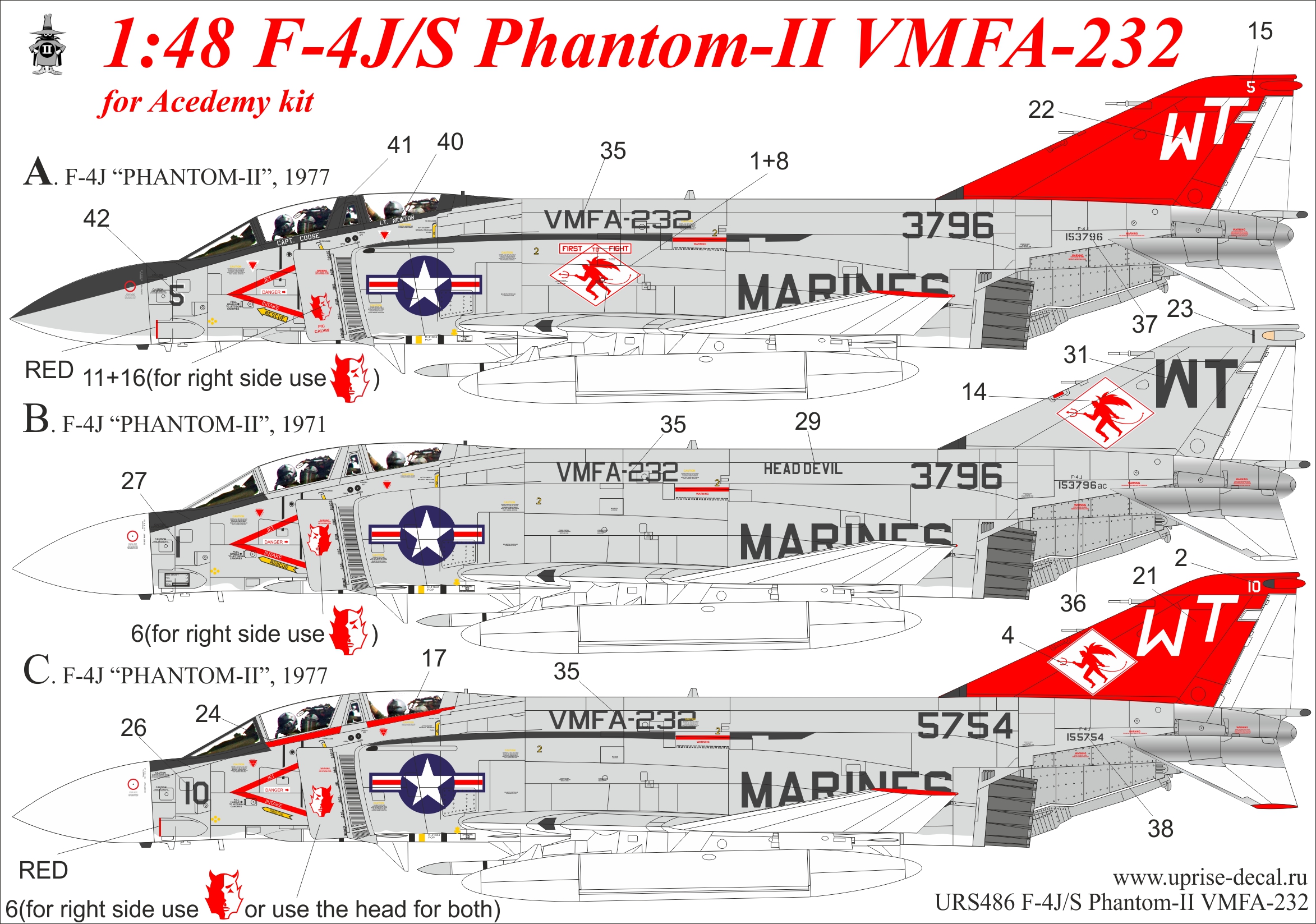 URS486  декали  F-4J/S Phantom-II VMFA-232  (1:48)