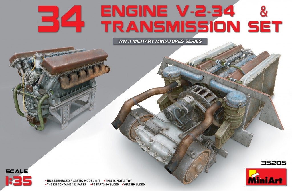 35205  дополнения из пластика  Танк-34 Engine V-2-34 & TRANSMISSION SET  (1:35)