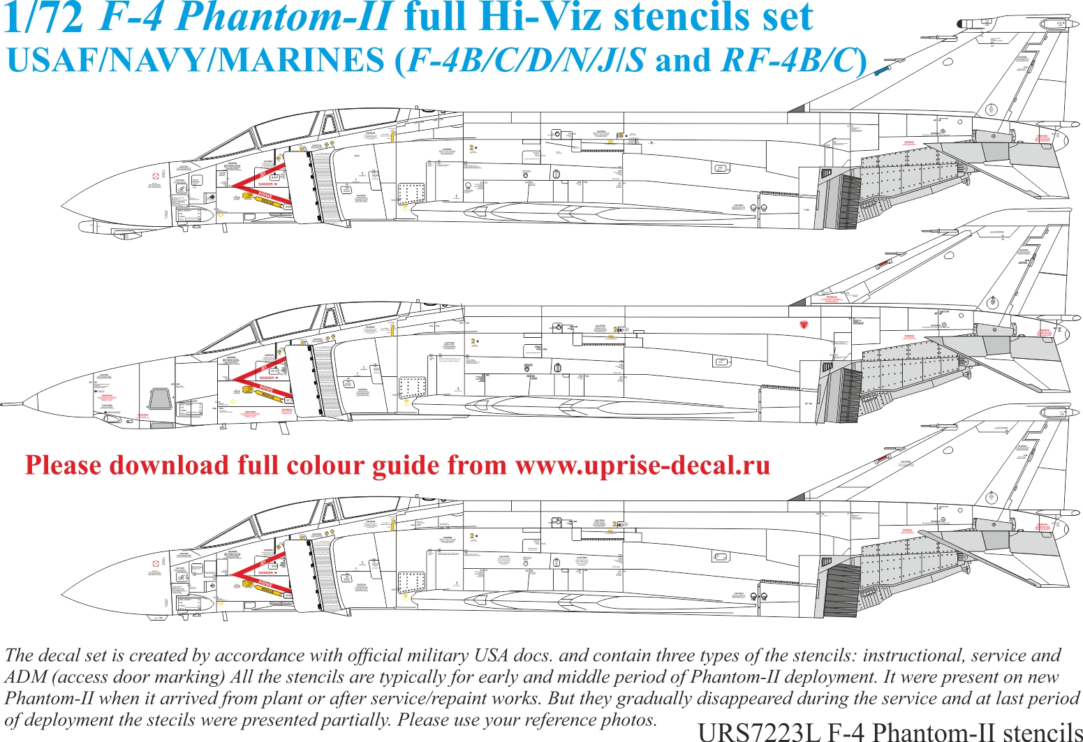 URS7223L  декали  F-4B/N/J/S/C/D & RF-4C/B Phantom-II full stencils and insignia  (1:72)