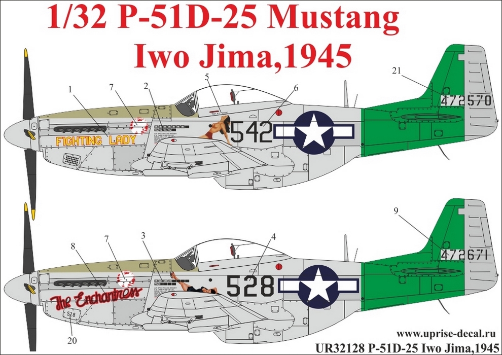 UR32128  декали  P-51D-25 Mustang Iwo Jima, 1945, with stencils, with insignia  (1:32)