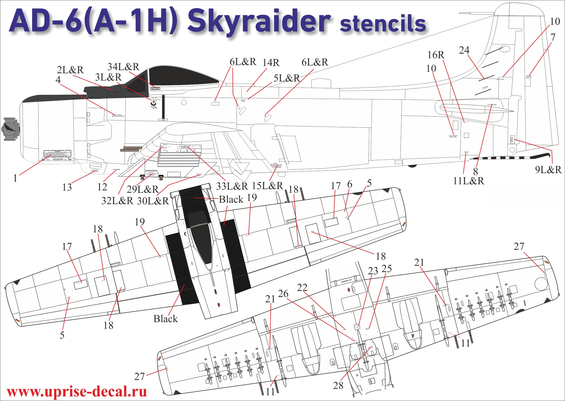 UR48151  декали  AD-6 (A-1H) Skyraider stencils (white)  (1:48)