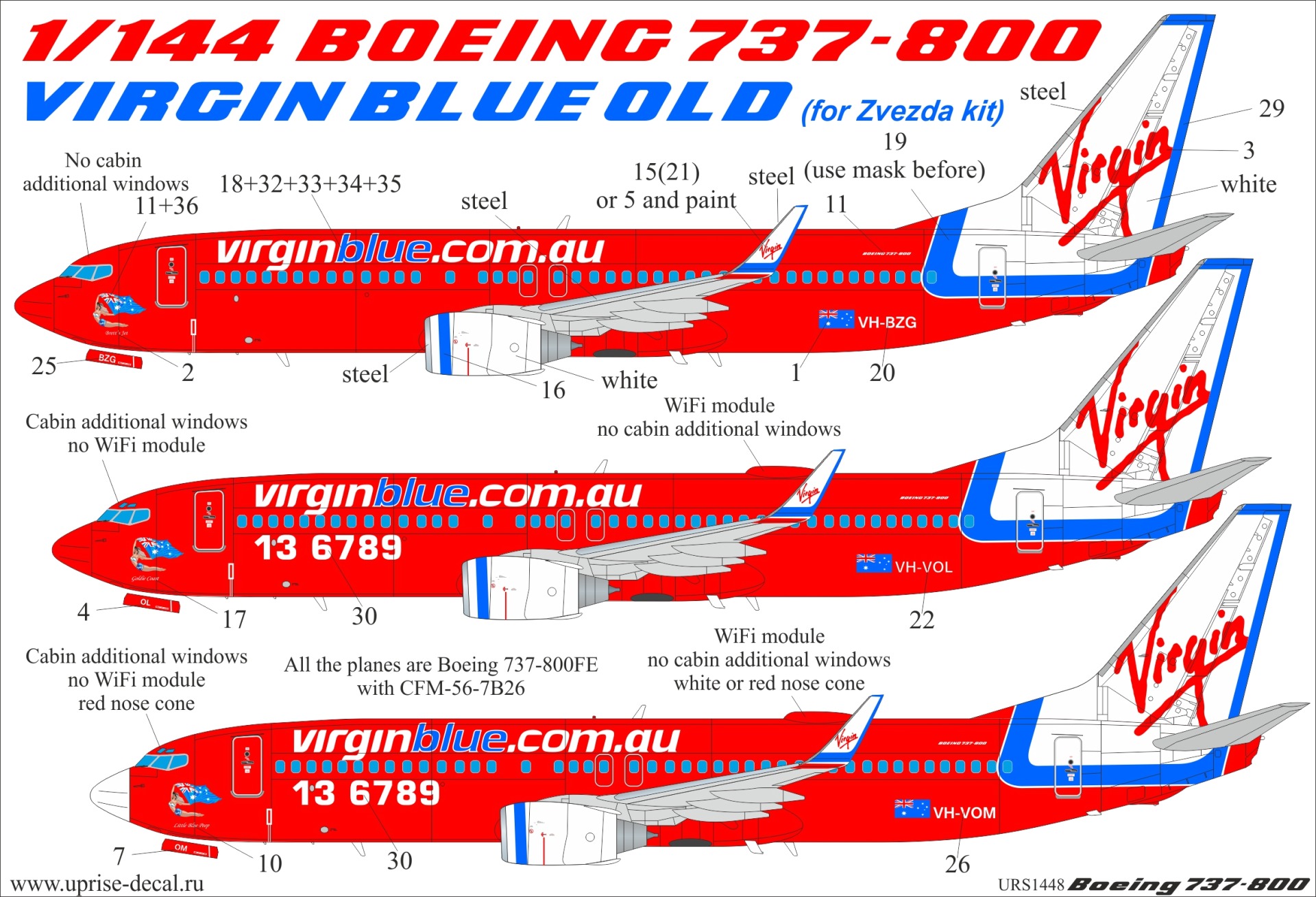 URS1448  декали  Boeing 737-800 Virgin Blue Old (for Zvezda, with stencils and masks  (1:144)