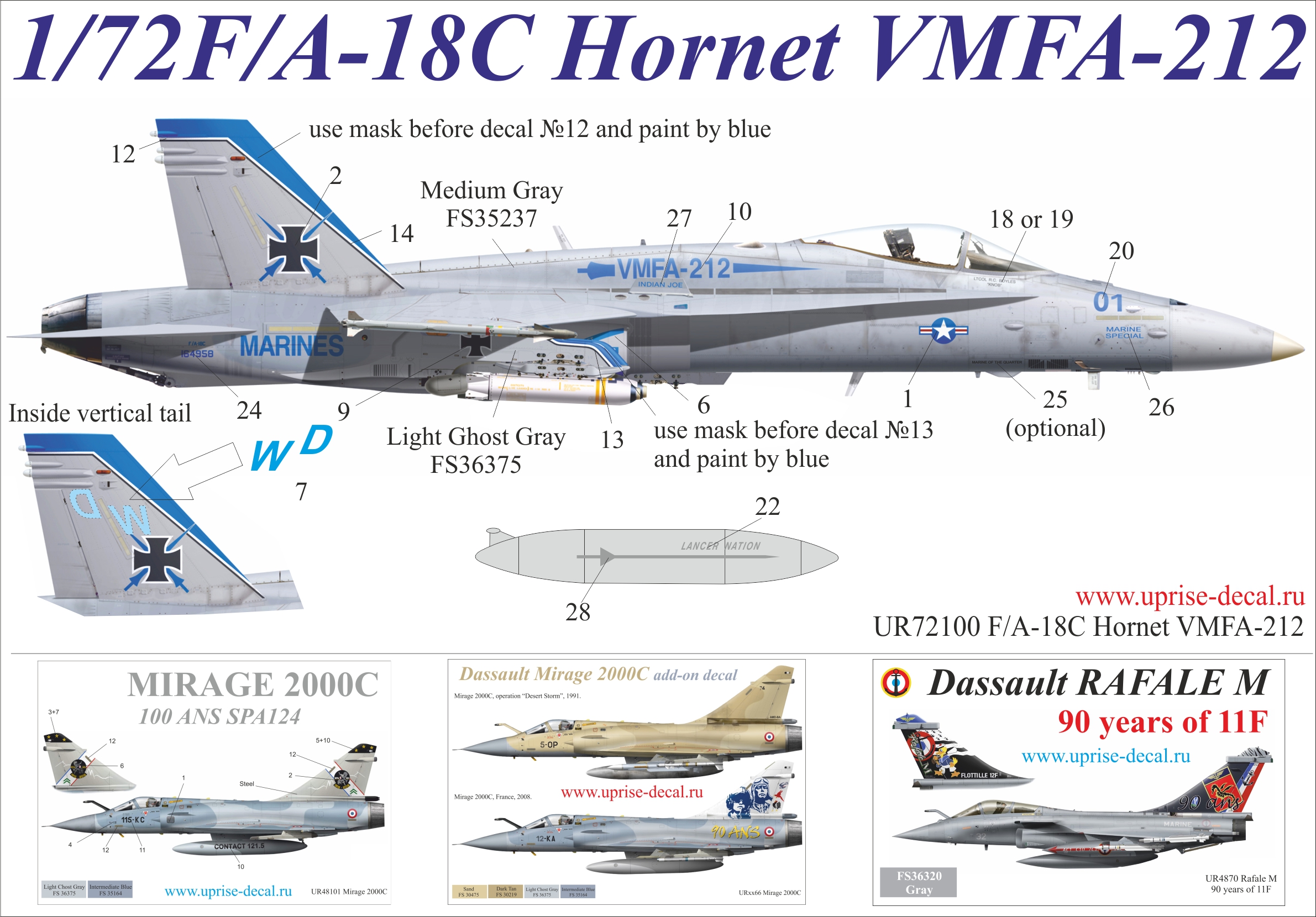UR72100  декали  F/A-18C Hornet VMFA-212 with masks  (1:72)