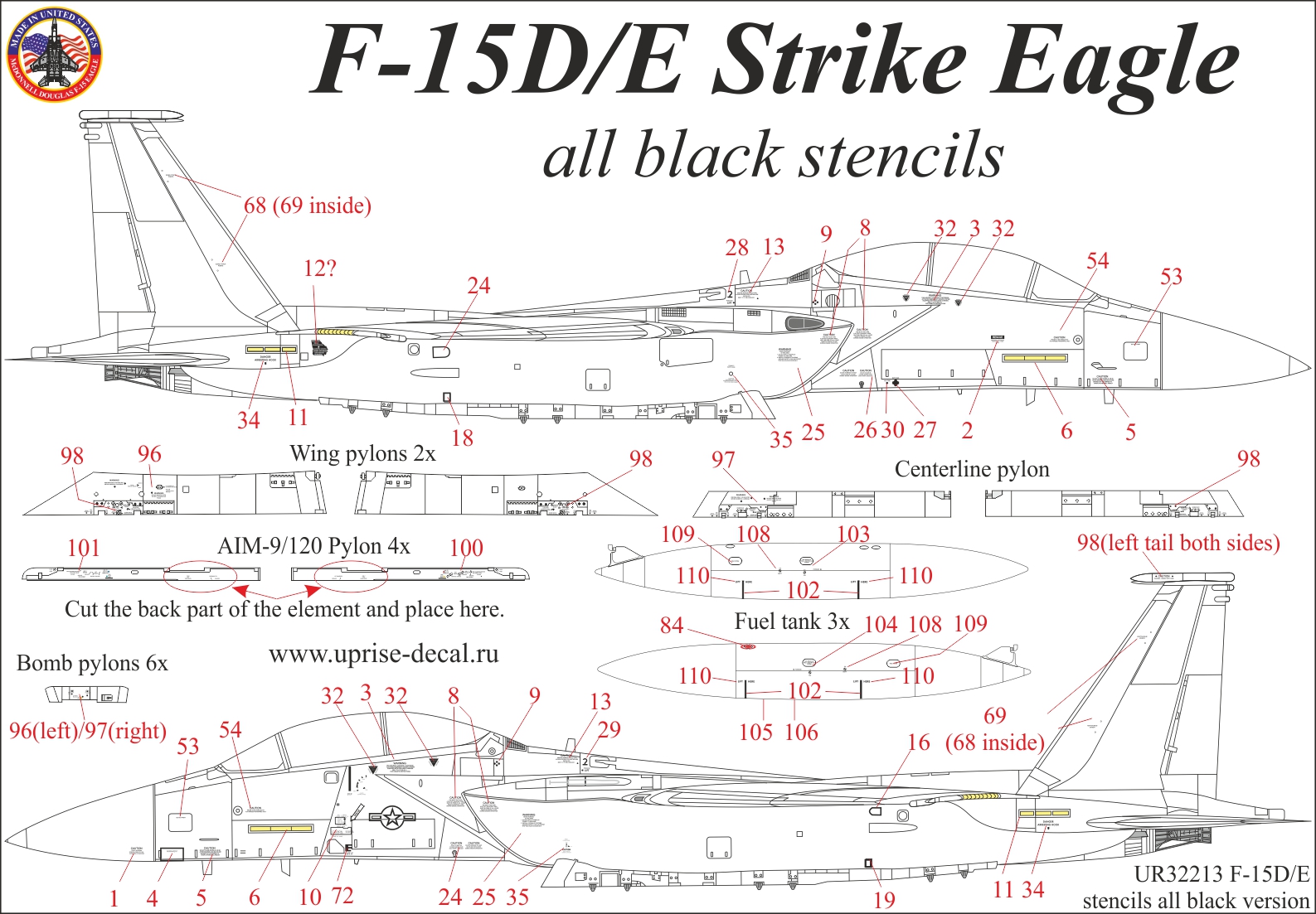 UR32213  декали  F-15E Strike Eagle stencils all black version  (1:32)