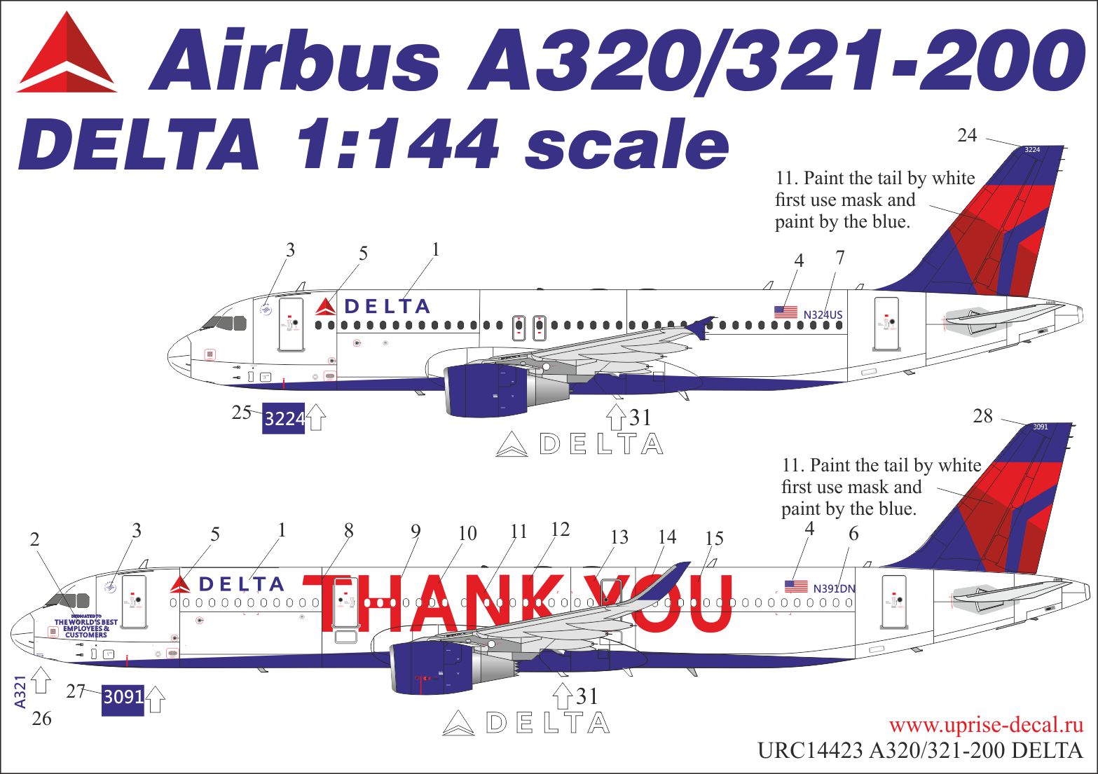 URC14423  декали  A320/321-200 Delta  (1:144)