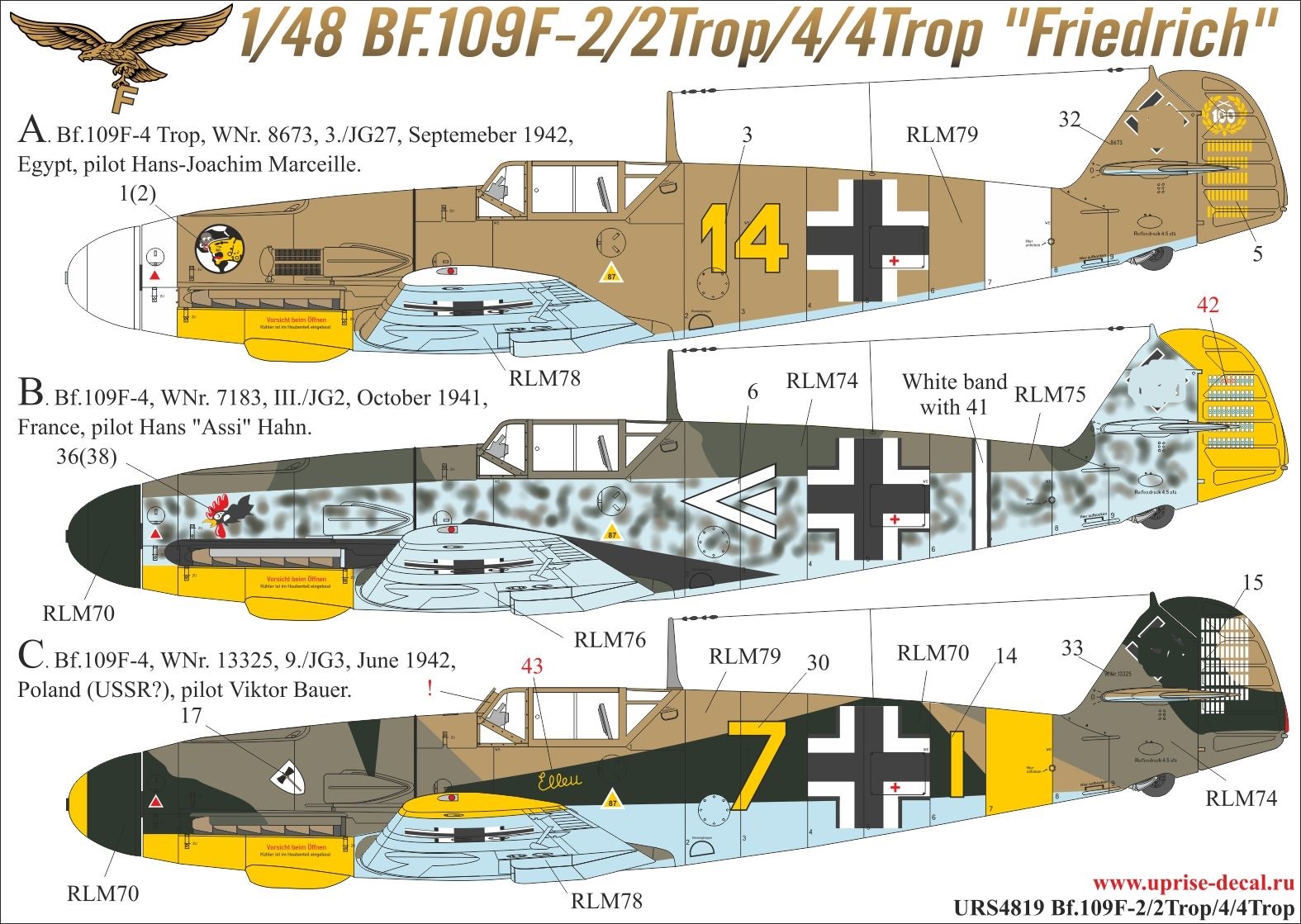 URS4819  декали  Bf.109F-2/2 Trop/4/4 Trop without stencils+mask for Zvezda kit  (1:48)