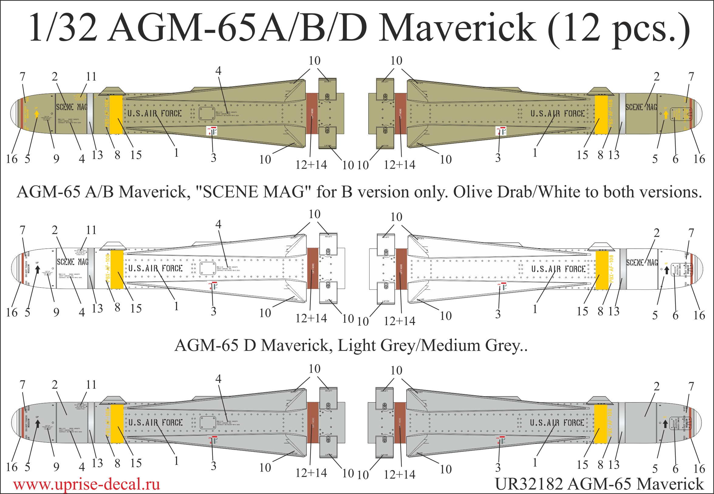 UR32182  декали  AGM-65A/B/D Maverick (12 pcs.)  (1:32)