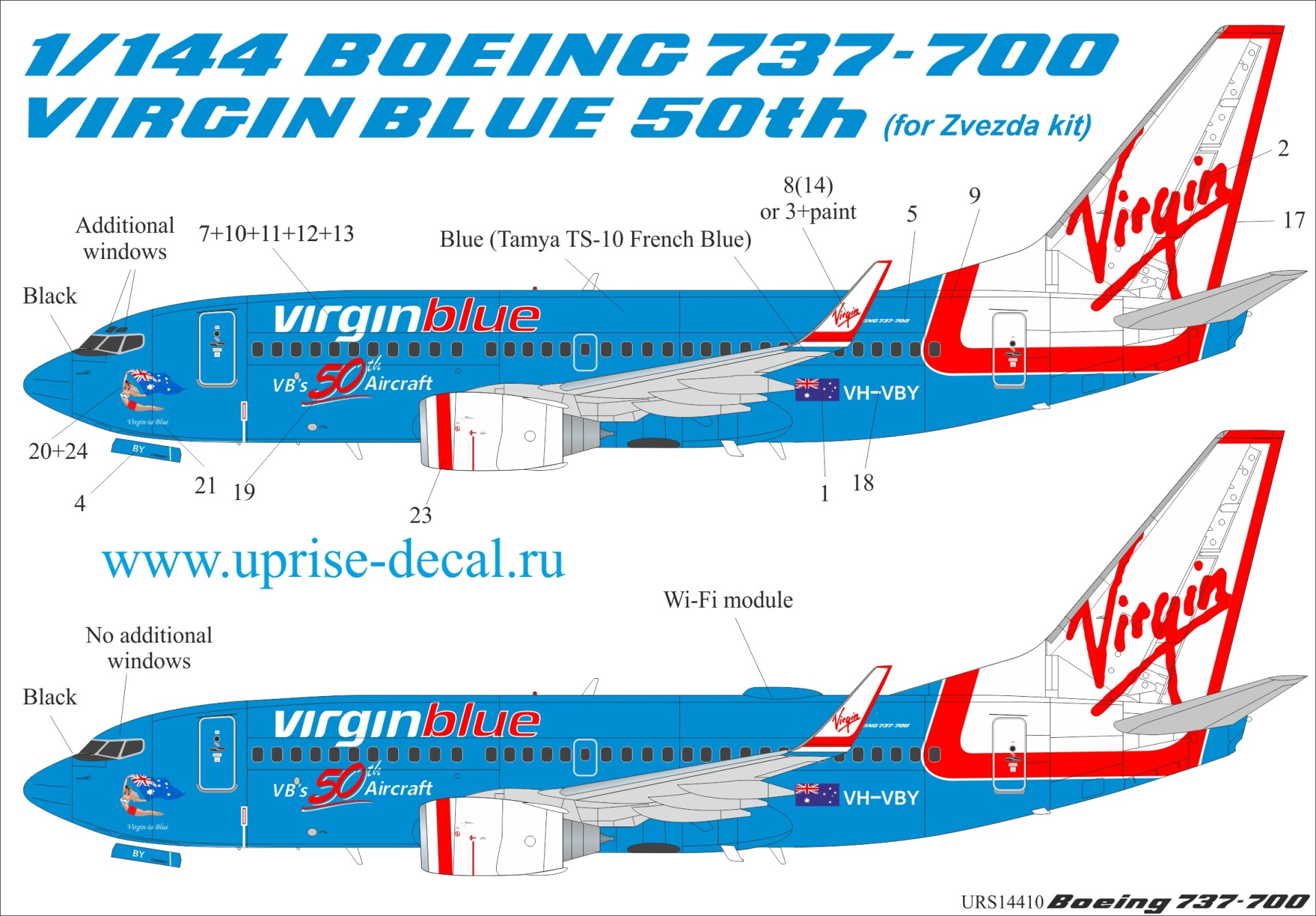 URS14410  декали  Boeing 737-700 Virgin Blue 50th (for Zvezda, with stencils and masks)  (1:144)