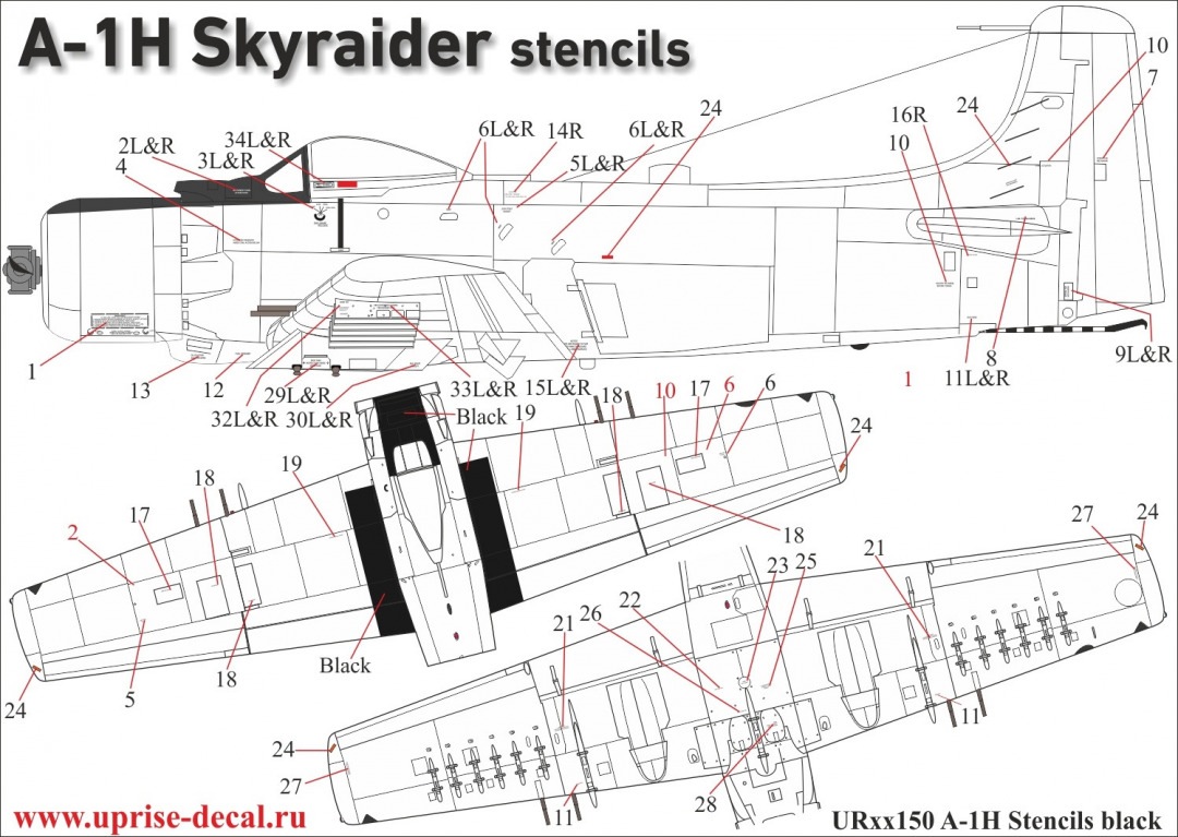 UR72150  декали  A-1H Skyraider stencils (black)  (1:72)