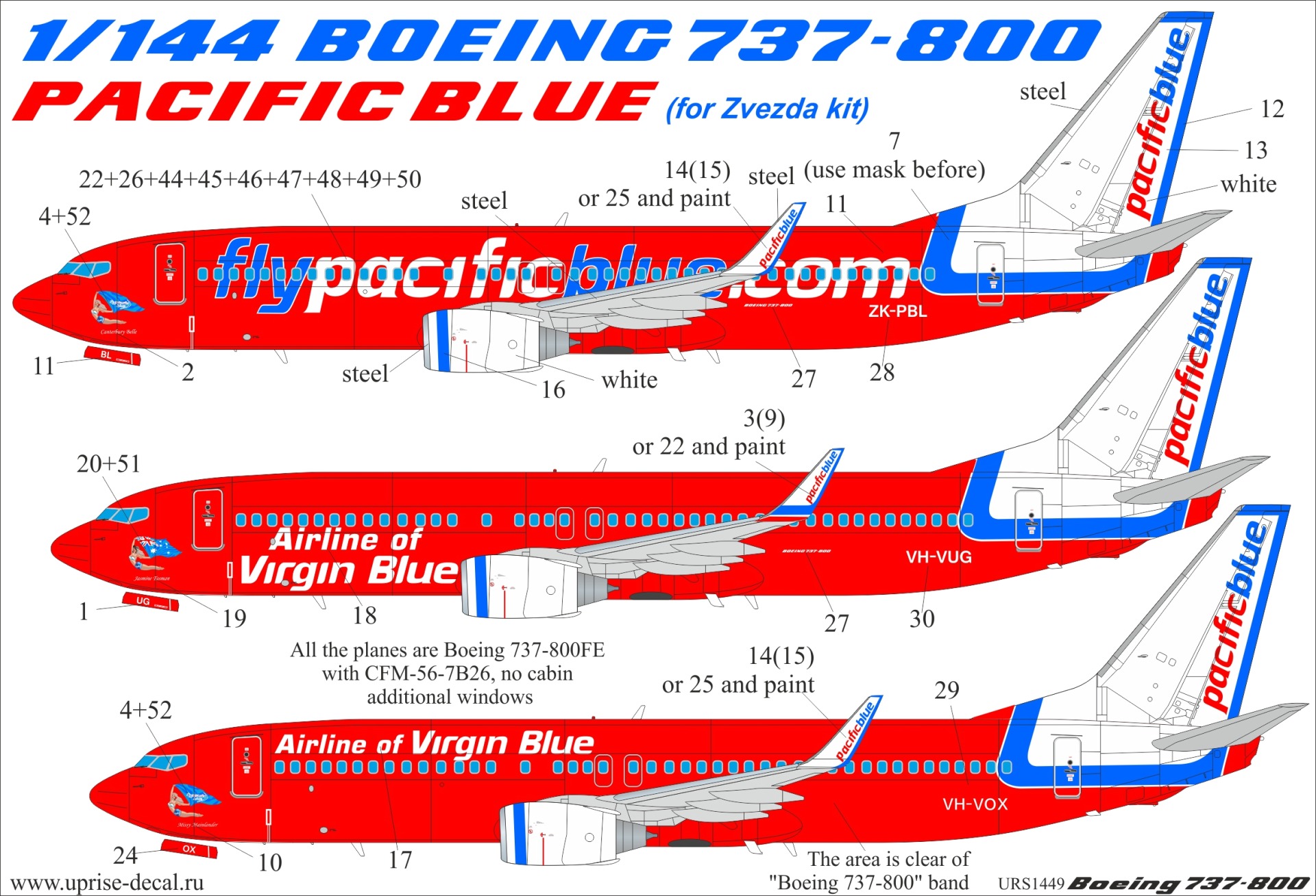 URS1449  декали  Boeing 737-800 Pacific Blue Old (for Zvezda, with stencils and masks  (1:144)