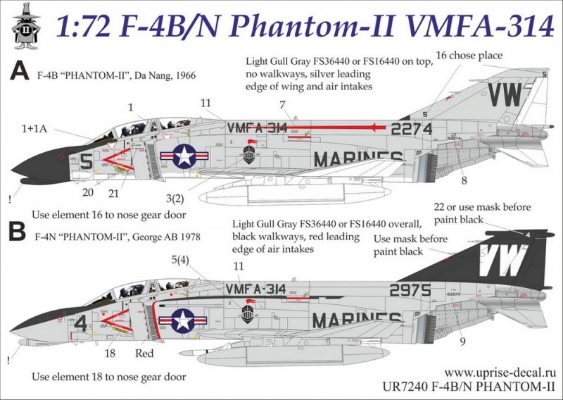 UR7240  декали F-4B/N Phantom-II VMFA-314 FFA(removable film)  (1:72)