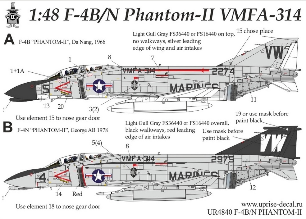 UR4840  декали F-4B/N Phantom-II VMFA-314 FFA(removable film)  (1:48)