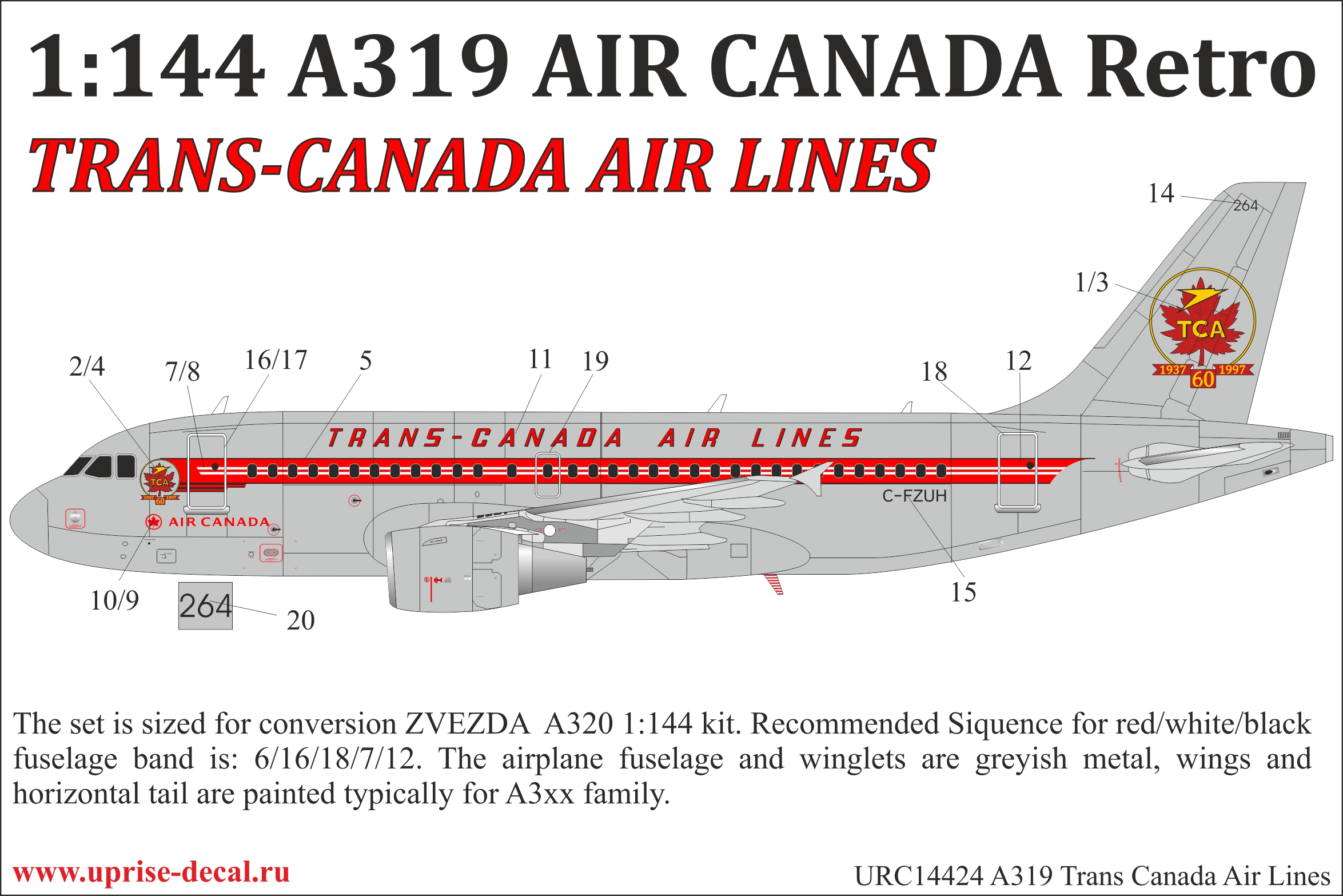 URC14424  декали  Airbus A319 Trans Canada Air Lines Retro  (1:144)