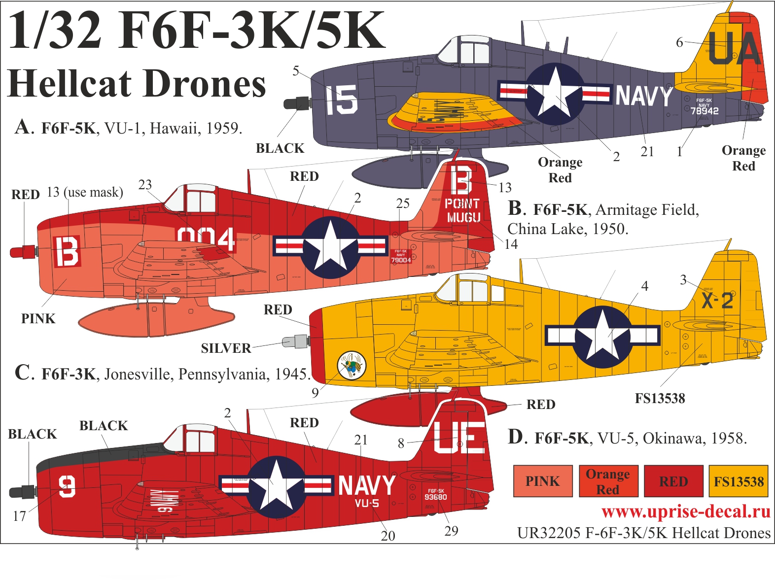 UR32205  декали  F6F-3K/5K Hellcat Drones with stencils  (1:32)
